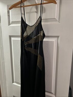 Vintage 1970 Black Maxi Slip Dress with Gold Beaded Accents
